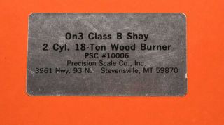 On3 Class B Shay 2 Cyl,  18 - Ton Wood Burner Kit By Precision Scale Co.