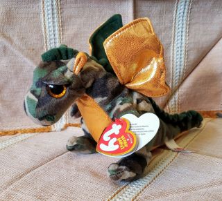 Ty Beanie Babies With Tags Retired Razor The Dragon Camouflage Orange