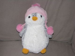 Aurora Stuffed Plush White Gray Pink Hat Penguin Bird Doll Toy 9 "