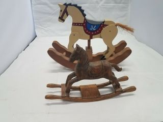 2 Handmade Wooden Rocking Horses,  Large Handpainted W/moving Legs,  Sm Handcarved