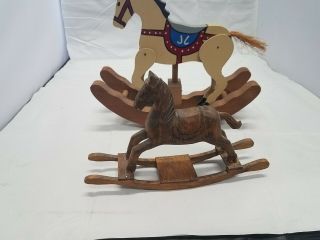 2 Handmade wooden rocking horses,  Large Handpainted w/Moving legs,  sm Handcarved 2