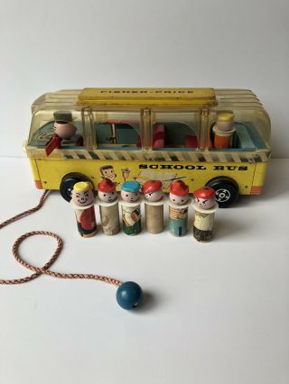 Vintage Fisher Price 983 Safety School Bus With 6 Wood Little People