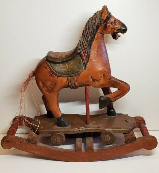 Hand - Carved Wooden Rocking Horse Pony Hand Painted