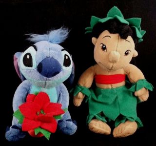 Disney Lilo And Stitch Beanbag Plush Set Christmas Poinsettia Hula Hawaiian
