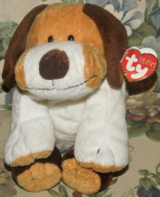 2002 Ty Lux Pluffies Beanie Babies Whiffer Brown White Puppy Dog Tags Plush Toy