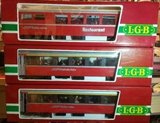 Lgb G Scale Rhatischie Bahn 3068 Dining Car And (2) 3067 Passenger Coaches