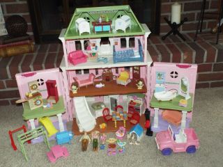 55pc Fisher Price Loving Family Grand Mansion House W/twins Dogs Mailbox Grill,