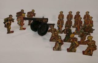 Vintage Marx Ww I Metal Us Army Soldiers & Howitzer Cannon Tin Litho Set W/ 18 S