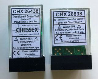 Chessex Gemini Translucent Teal/gold: 7 - Die Set 26438 & 12mm D6 36 - Die Set 26838