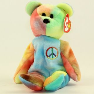Ty Beanie Baby - Peace The Ty - Dyed Bear (red/blue) (8.  5 Inch) Mwmt