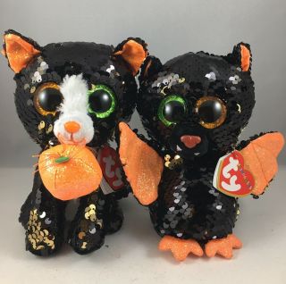 Set Of 2 Ty Halloween 6 " Omen Bat & Jinx Cat Beanie Boos Sequins Plush Mwmts