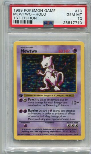 Pokemon Card 1st Edition Shadowless Mewtwo Base Set 10/102,  Psa 10 Gem