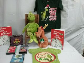 Mister Grinch & Max Dr Seuss Plush Toys & Dvd - 2 Vhs - Lunch Box - T - Shirts & 2 Books