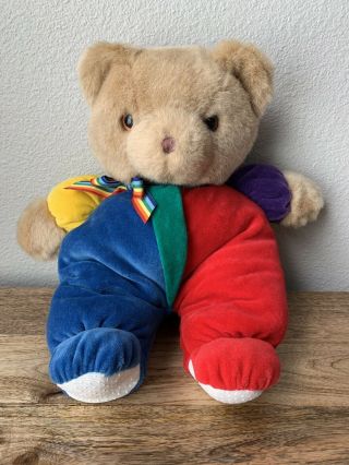 14 " Vintage Eden Teddy Bear Plush Velour Primary Colors Rainbow Bow Foot Pj 