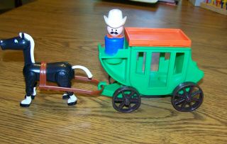 Htf Fisher Price Little People Western Stagecoach W/ Top,  Cowboy & Black Horse