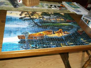 1000 Piece Darrell Bush Jigsaw Puzzle Silent Shores Log Cabin Boat Dog Lake Dock