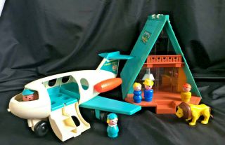Fisher Price A Frame House & Airplane W Stewardess Little People Jointed Animals