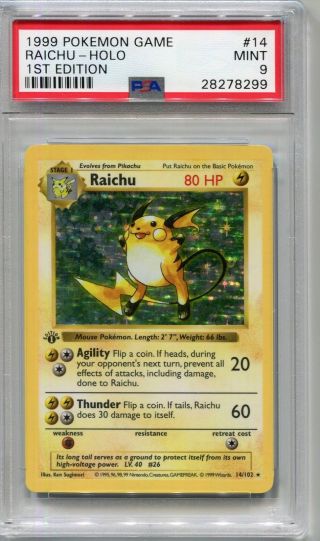 Pokemon Card 1st Edition Shadowless Raichu Base Set 14/102,  Psa 9
