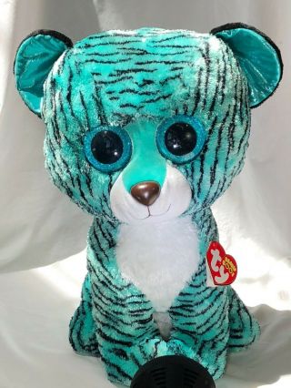 Ty Justice Exclusive Tess The Tiger Beanie Boo Jumbo 17 " Aqua Tiger Nwt