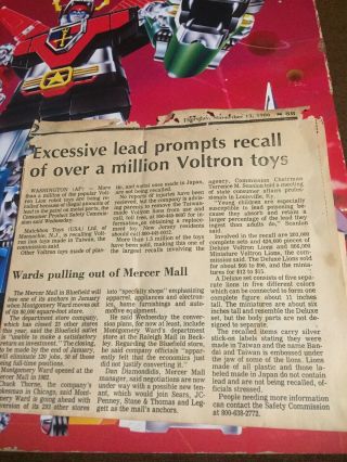 1985 MATCHBOX VOLTRON LION FORCE DIECAST SET w 1986 lead recall news clipping 2