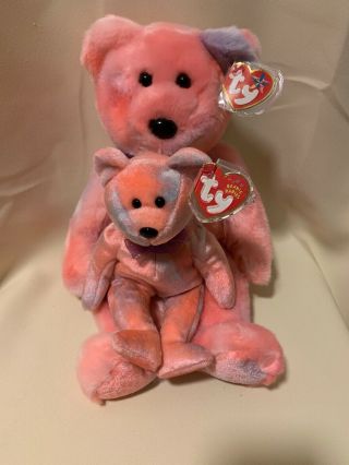 2 Ty Beanie Baby & Matching Buddy Clubby 5th Anniversary Edition Pink Bear 2002