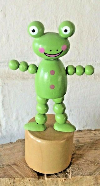Wooden Push Button Puppet Dancing Collapsing Frog Puppet Thumb Push 4 1/2 " High