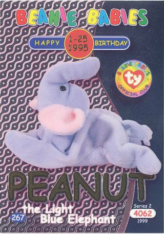 Ty Beanie Babies Bboc Card - Series 2 Birthday (gold) Peanut Light Blue Elephant
