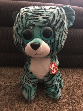 Ty 2015 Justice Exclusive Tess The Tiger Beanie Boo Jumbo 17 " Blue Aqua Tiger
