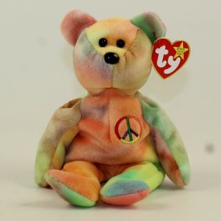 Ty Beanie Baby - Peace The Ty - Dyed Bear (orange/green) (8.  5 Inch) Mwmt