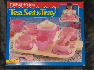 Fisher Price 2009 Tea & Tray Set Vintage 1980s Tan Pink Cups Saucers Hearts