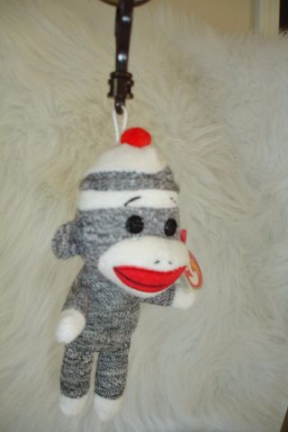 Ty Beanie Grey Sock Monkey Key Clip - With Tag - Very Hard To Find