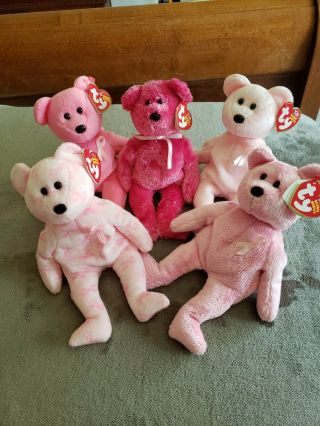 Breast Cancer Ty Beanie Baby 5x Bears Aware Support Cure Awareness Sherbet Mwmt