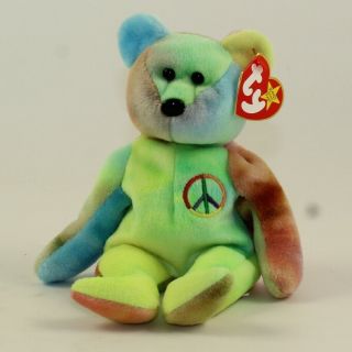 Ty Beanie Baby - Peace The Ty - Dyed Bear (green/yellow) (8.  5 Inch) Mwmt