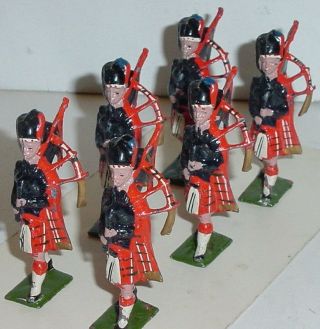 Pre - War Britains 1930s Lead,  Scots Guards Pipers Marching,  6 Piece Set 69