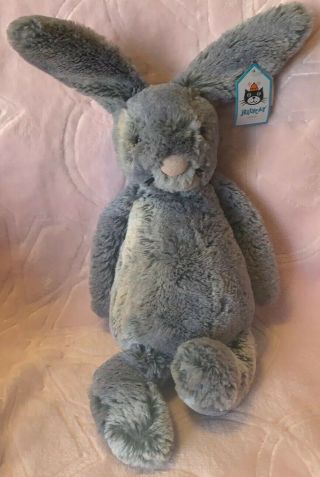 13” Pre - Owned Jellycat Hugo Hare Grey Plush Bunny Rabbit Soft Stuffed Animal