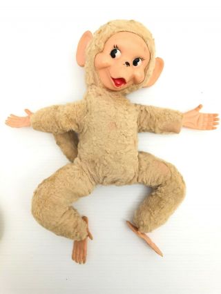 Vtg Rubber Face Monkey Toy Stuffed Plush Flat Feet Hands Tan Blonde Rushton ?