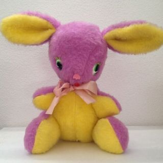 Vintage Rushton Yellow Purple Easter Bunny Rabbit Plush Big Googly Eyes With Tag