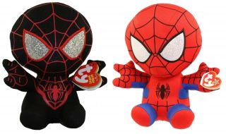Set Of 2 Ty 6 " Beanie Baby Marvel Spiderman Miles Morales Spider - Man Plush Mwmts