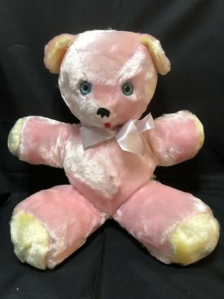 Vintage Rushton Co Teddy Bear Plush Stuffed 1960s Pink Yellow Large 17” Toy