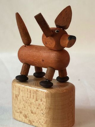 Vintage Brown Dog Push Puppet Press Up Wakouwa Dancing Toy Wood Italy Weiner