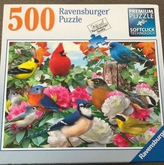 Ravensburger 500 Premium Puzzle Garden Birds Complete Cardinal Blue Jay 81 - 365