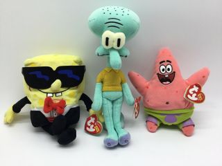 Spongebob Ty Beanie Babies Squidward Tentacles Patrick Star Rare Mwmt Plush