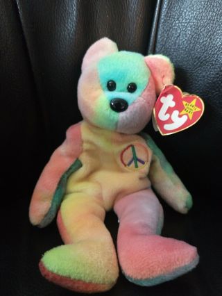 Ty Beanie Baby 1996 Peace Bear Tye Dye Neon Colors P.  V.  C Pellets Collectible Nwt