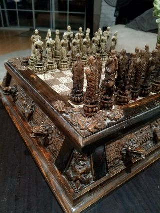 Mexican Chess Set Malachite Wood Aztec Vs.  Conquistador Mayan Board Large