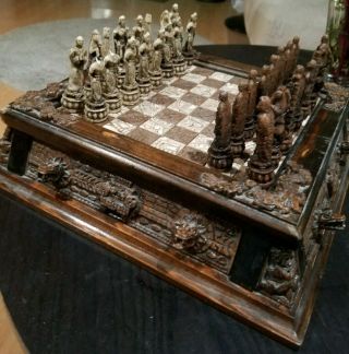 Mexican Chess Set Malachite Wood Aztec Vs.  Conquistador Mayan Board Large 2