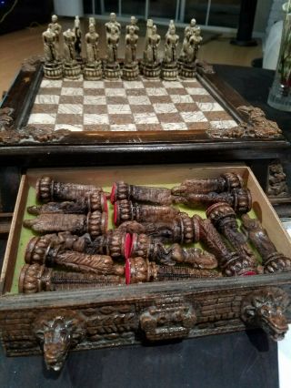 Mexican Chess Set Malachite Wood Aztec Vs.  Conquistador Mayan Board Large 4