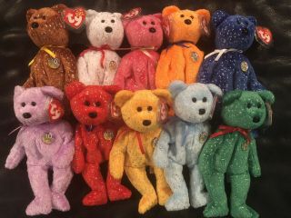 Ty Beanie Baby Bears - 10 Ten Year Anniversary Bears - Decade Mwmt (set Of 10)