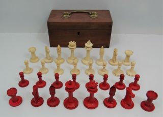 Exquisite Complete Cow Bone Chess Piece Set,  Hand Carved W/walnut Box