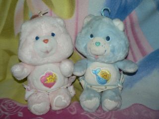 13 " Vintage Baby Pink Girl Hugs Heart Blue Boy Tugs 11 " Plush Care Bears W Nappy