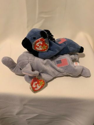 Ty Beanie Babies " Righty The Elephant " And " Lefty The Donkey "